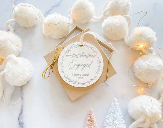 Our First Christmas Engaged White Christmas Ornament | White Acrylic First Christmas Engaged Ornament | Engagement Ornament