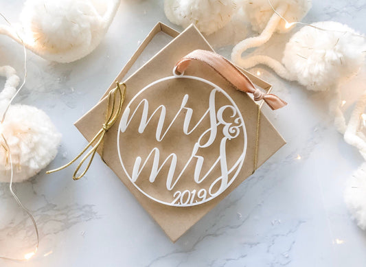 Mrs and Mrs Christmas Tree Ornament - White Acrylic Christmas Ornament - Newlywed Christmas Ornament - Just Married Ornament