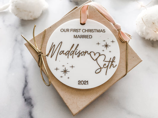 Our First Christmas Married White Acrylic Ornament - Acrylic First Christmas Married Ornament - Just Married Ornament